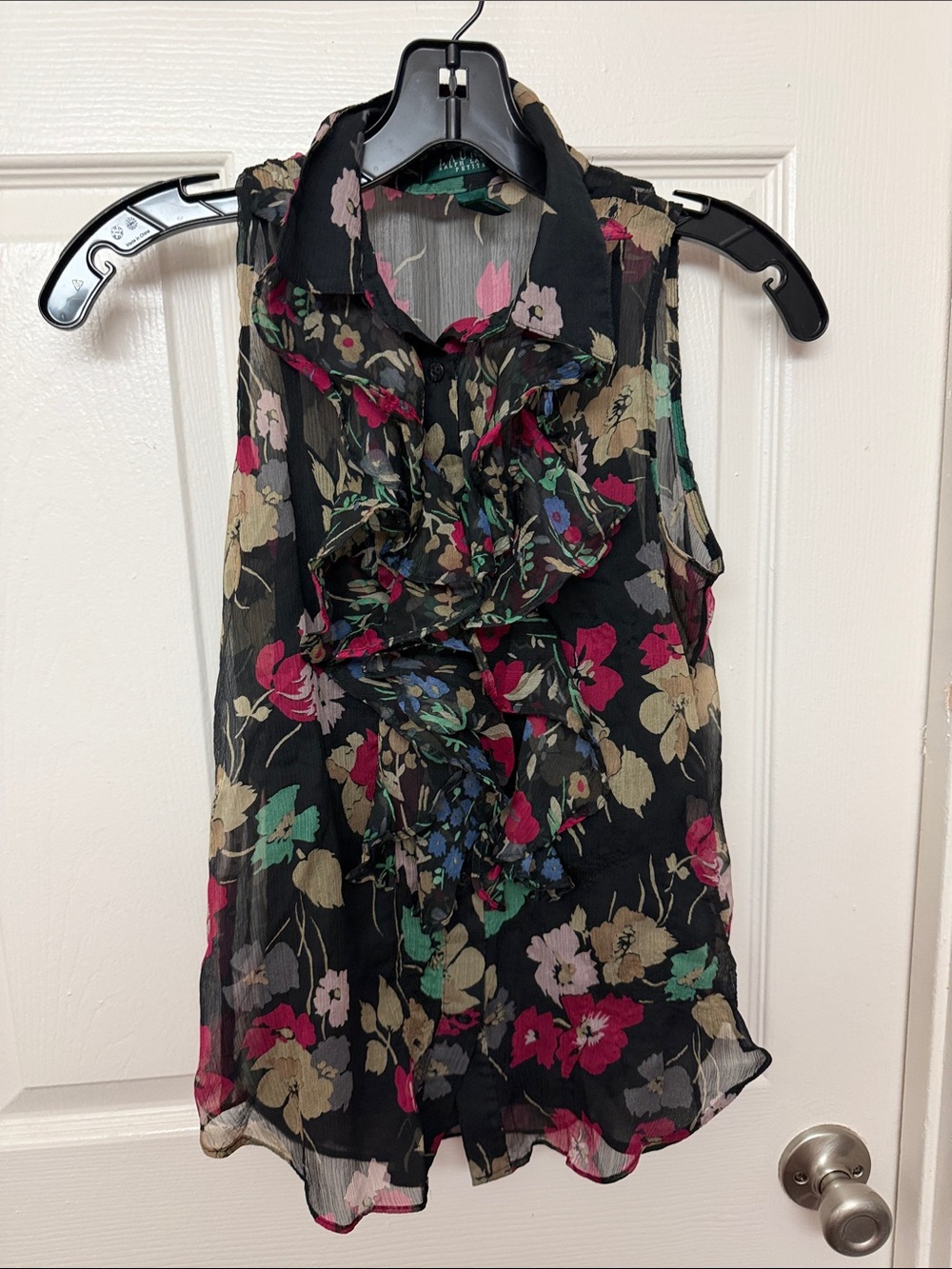 Lauren Ralph Lauren Black Sheer Floral Ruffle Sleeveless Blouse